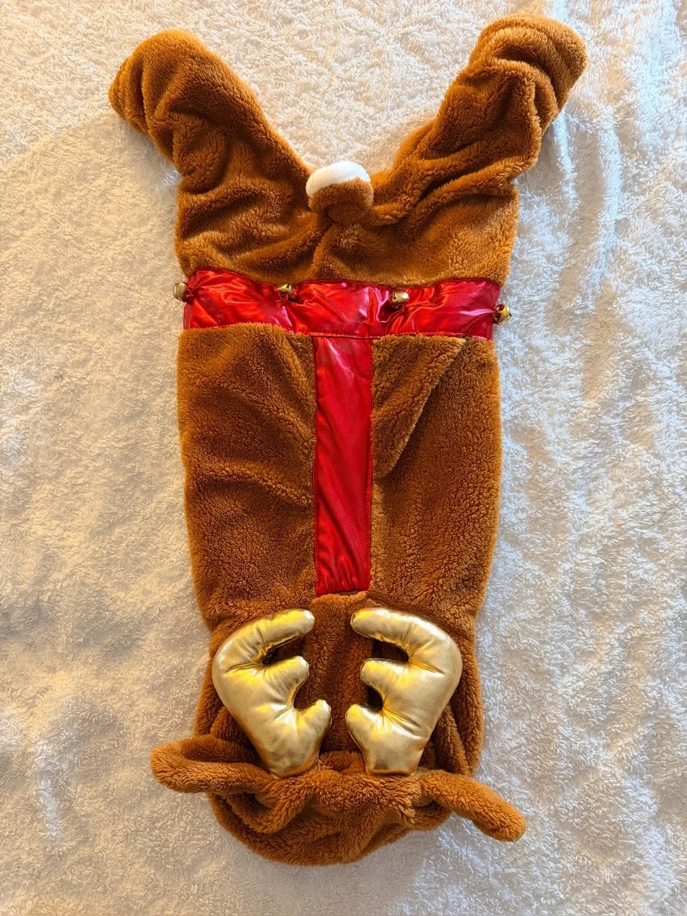 Brown Plush Reindeer Dog Costume with Red Trim and Gold Antlers